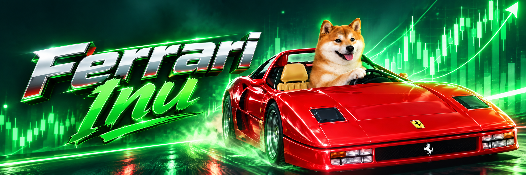 Ferrari Inu banner, Shiba in a red sports car with chrome and green lettering